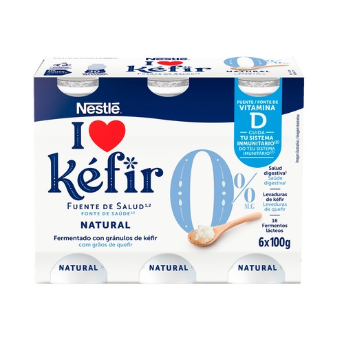 NESTLÉ Kefir líquido natural desnatado (0% materia grasa), elaborado con fermentos lácteos y levaduras de 6 x 100 g.