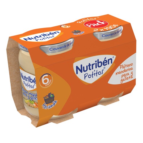 NUTRIBÉN Potitos® de fruta (plátano, mandarina y pera) con galleta, a partir de 6 meses NUTRIBÉN Merienda 2 x 190 g.