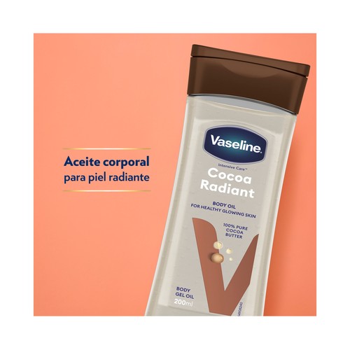 VASELINE Cocoa radiant Aceite corporal nutritivo con manteca de cacao 100% pura 200 ml.