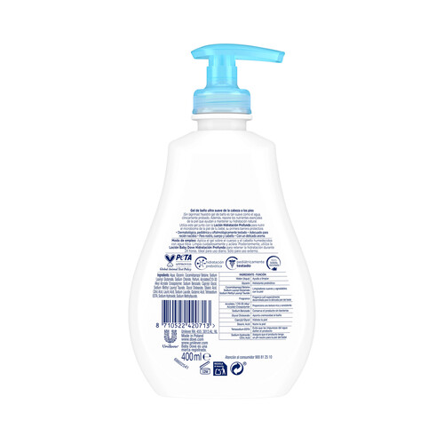 DOVE Gel de baño de la cabeza a los pies, con acción hidratación profunda DOVE Baby 400 ml.