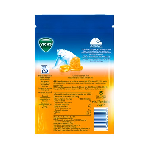 VICKS Miel Caramelos con miel y mentol refrescante 72 g.