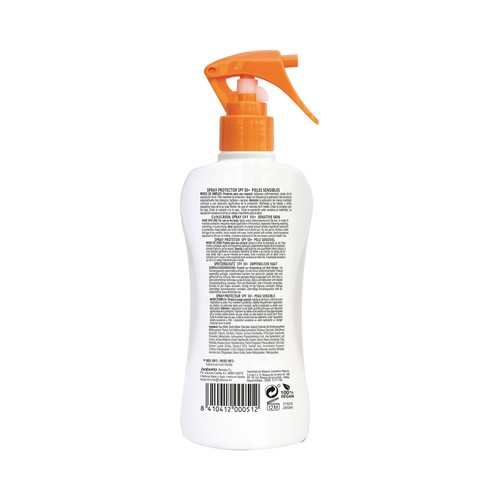 BABARIA Protector solar en spray resistente al agua, especial pieles sensibles y con FPS 50+ (muy alta) 200 ml.
