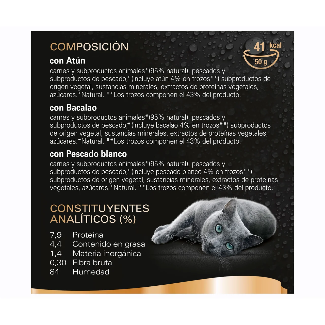 Comida para gatos a base de atún, salmón y bacalao 6 uds. 50 g.
