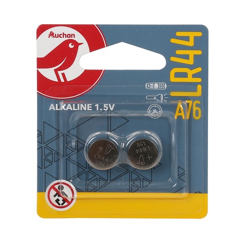 Pack de 2 pilas de botón alcalinas LR44, A76, 1,5V, PRODUCTO ALCAMPO.