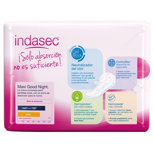 INDASEC Compresas de incontinencia maxi noche para pérdidas de orina severas INDASEC Dermoseda 12 uds.