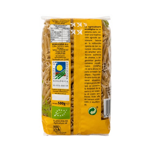 ECOLECERA Pasta macarrones integrales de calidad superior, 100% ecológicos 500 g.