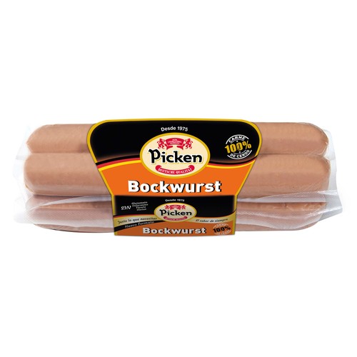 PICKEN Salchichas alemanas con ternera tipo Bockwurst, elaboradas sin gluten, ni glutamato ni fécula PICKEN 300 g.