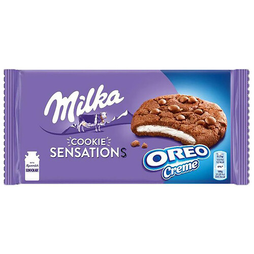 MILKA Oreo sensations  Galletas cookies de chocolate Milka, rellenas de crea de Oreo 156 g.