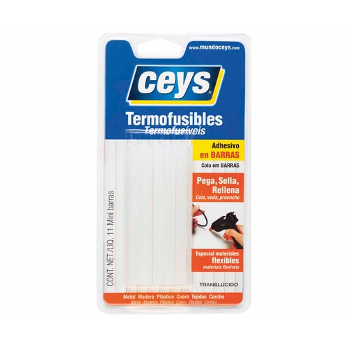 Pack de 11 barras de adhesivo termofusible, translúcido, 8x90mm, CEYS.