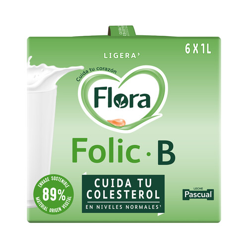 FLORA Preparado lácteo desnatado, con ácido fólico y 6 vitaminas que cuida tu colesterol Folic B ligera 6 x 1 l.