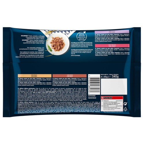 PURINA GOURMET Comida para gatos de pato, caza, trucha y pavo PURINA GOURMET PERLE 4 uds. 85 g.