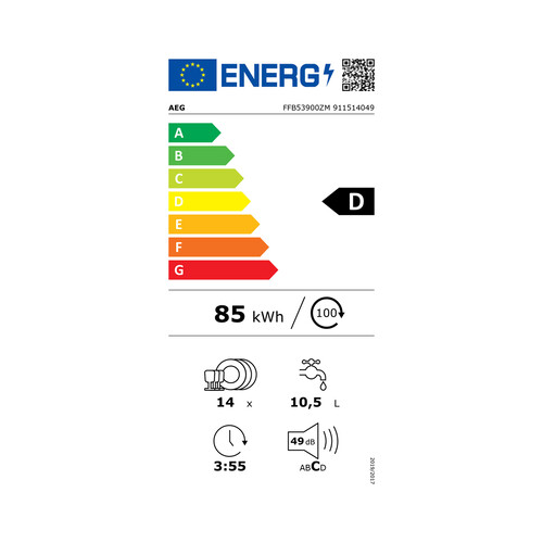 Lavavajillas AEG FFB53900ZM, capacidad: 13 servicios, clasificación energética: D, H: 85cm, A: 60cm, F: 62,5cm.