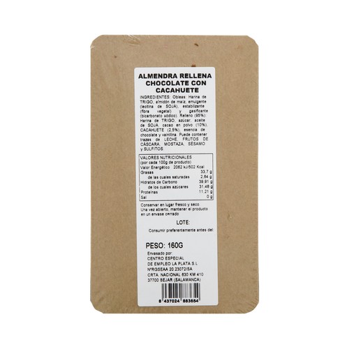 DULCES LA PLATA Almendra rellena de chocolate con cacahuete bandeja 160 g.