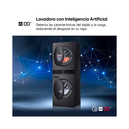 Torre de Lavadora y secadora LG WT1210BBF Inox, lavado/secado: 12KG/10KG, clasificación energética: A, 1400RPM, H: 165,5cm, A: 60cm,F: 66cm.
