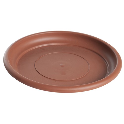 Plato circular de plástico, de color terracota y con medida de 18 centímetros VAN.