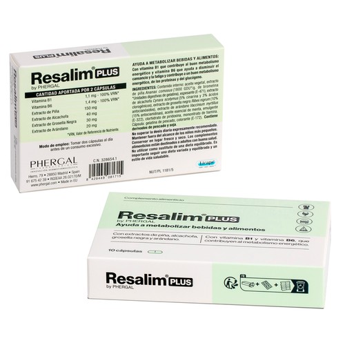 RESALIM Plus Complemento alimenticio que ayuda a metabolizar bebidas y alimentos 10 cápsulas.