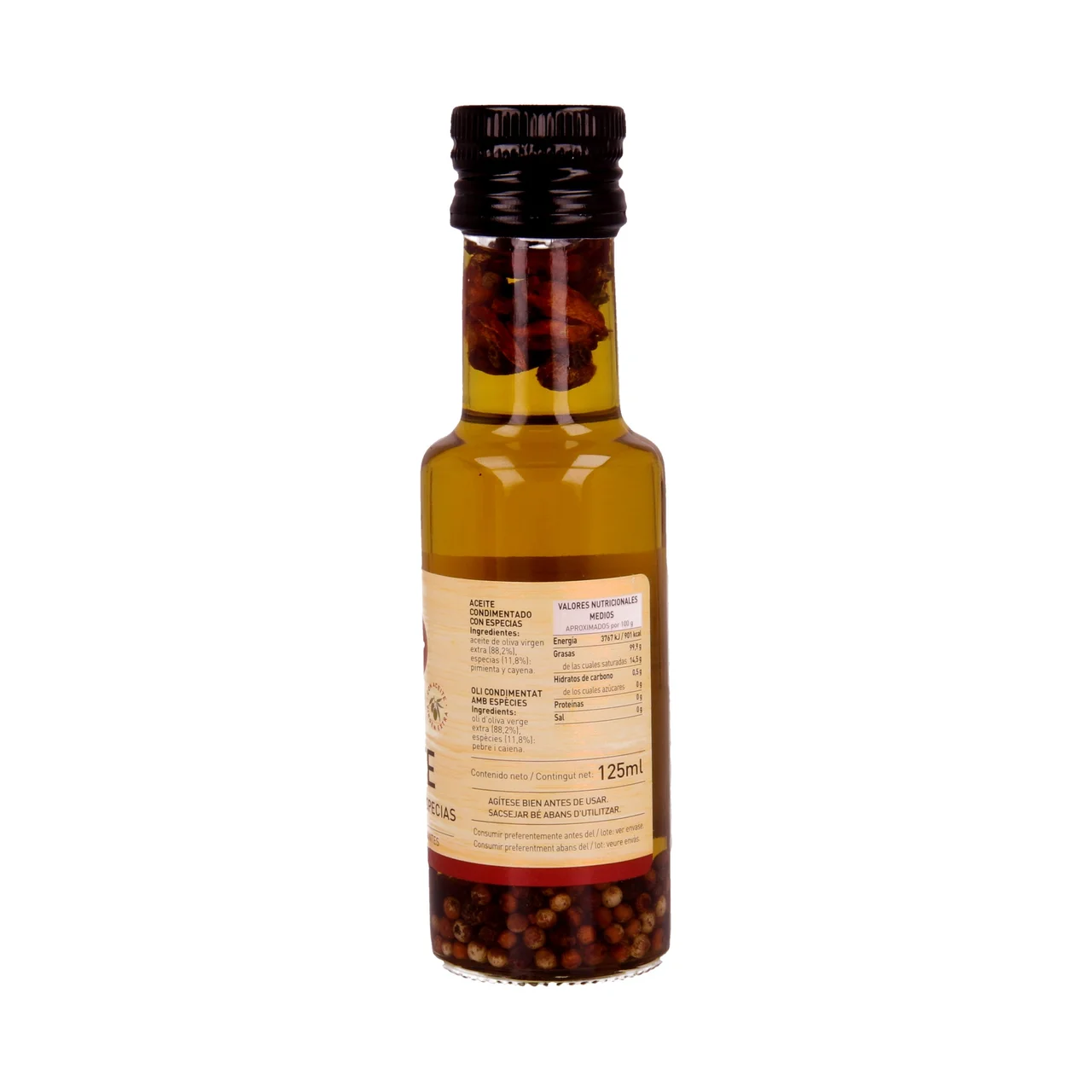 Aceite picante condimentado con especias botella de 166 ml.