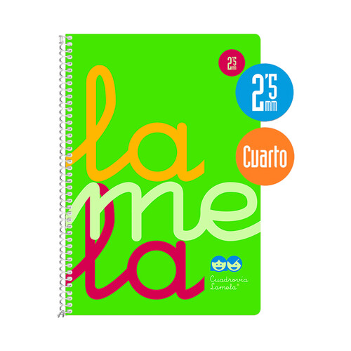 Cuaderno con tapas de polipropileno color verde, tamaño cuarto, cuadrovía 2.5mm, 80 hojas, EDITORIAL LAMELA.