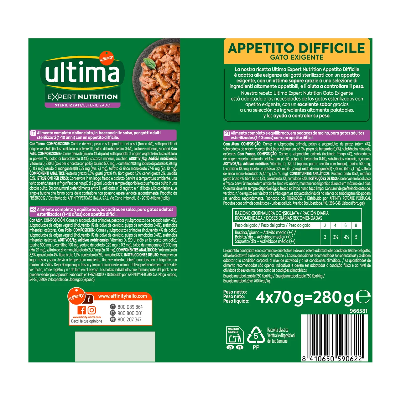 Expert nutrition Alimento para gatos adultos esterilizados (1-10 años) con apetito dificil 4 x 70 g.
