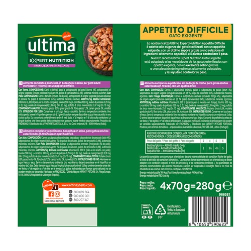 ULTIMA Expert nutrition Alimento para gatos adultos esterilizados (1-10 años) con apetito dificil 4 x 70 g.