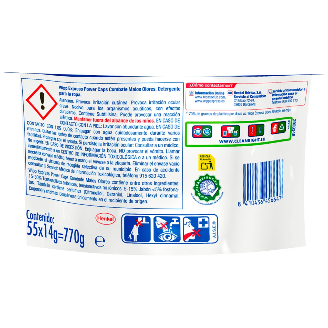 Power caps Detergente para lavadora en cápsulas antiolores 55 uds.