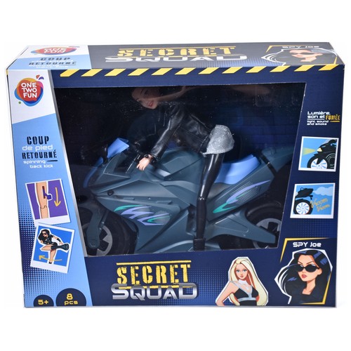 Muñeca Secret Squad Espia con Moto 8 piezas, con luz y sonido +5 Años ONE, TWO FUN