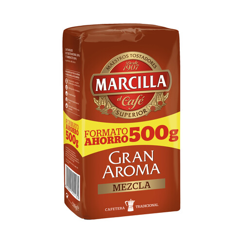 MARCILLA Gran aroma Café molido mezcla, tueste natural (50%) y torrefacto (50%) 500 g.