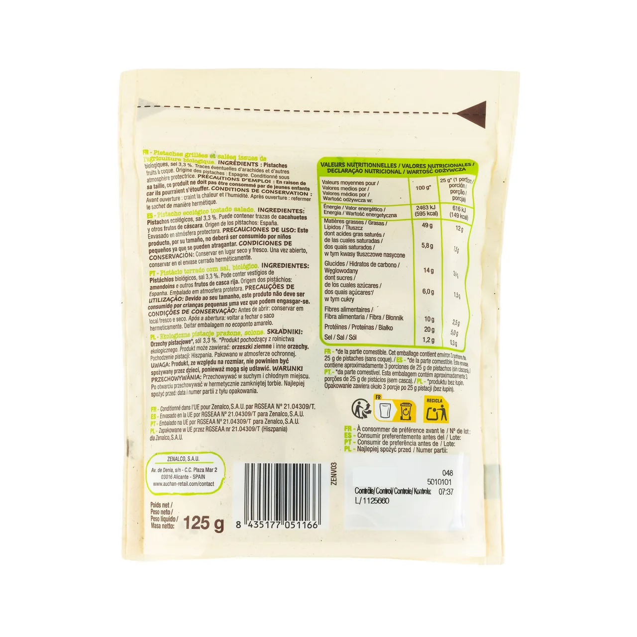 ALCAMPO ECOLÓGICO Pistachos tostados y salados 125 g