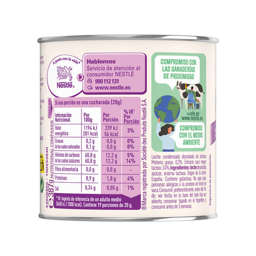 LA LECHERA Leche condensada desnatada sin lactosa LA LECHERA 387 g.