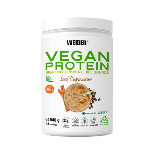 WEIDER Proteína en polvo vegetal de guisante y arroz, sabor Capuccino helado 540 g.