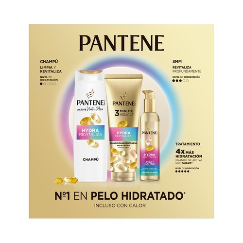 PANTENE Pro-v hydra revitaliza Estuche con champú (325ml), acondicionador (220 ml) y crema de peinado (135 ml), para cabellos muy secos.