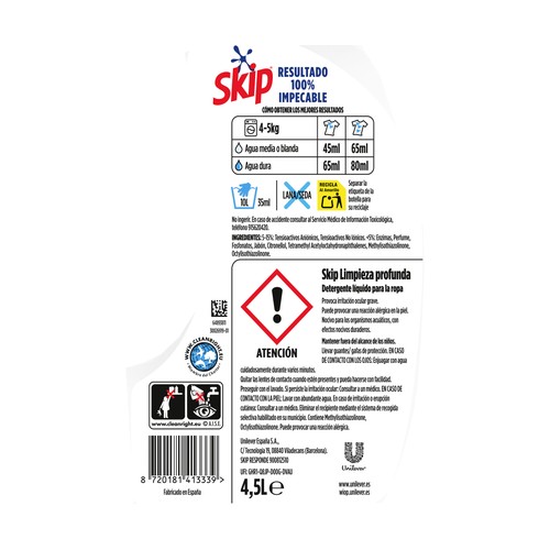 SKIP Active clean Detergente líquido para una limpieza profunda incluso en agua fria 100 ds.