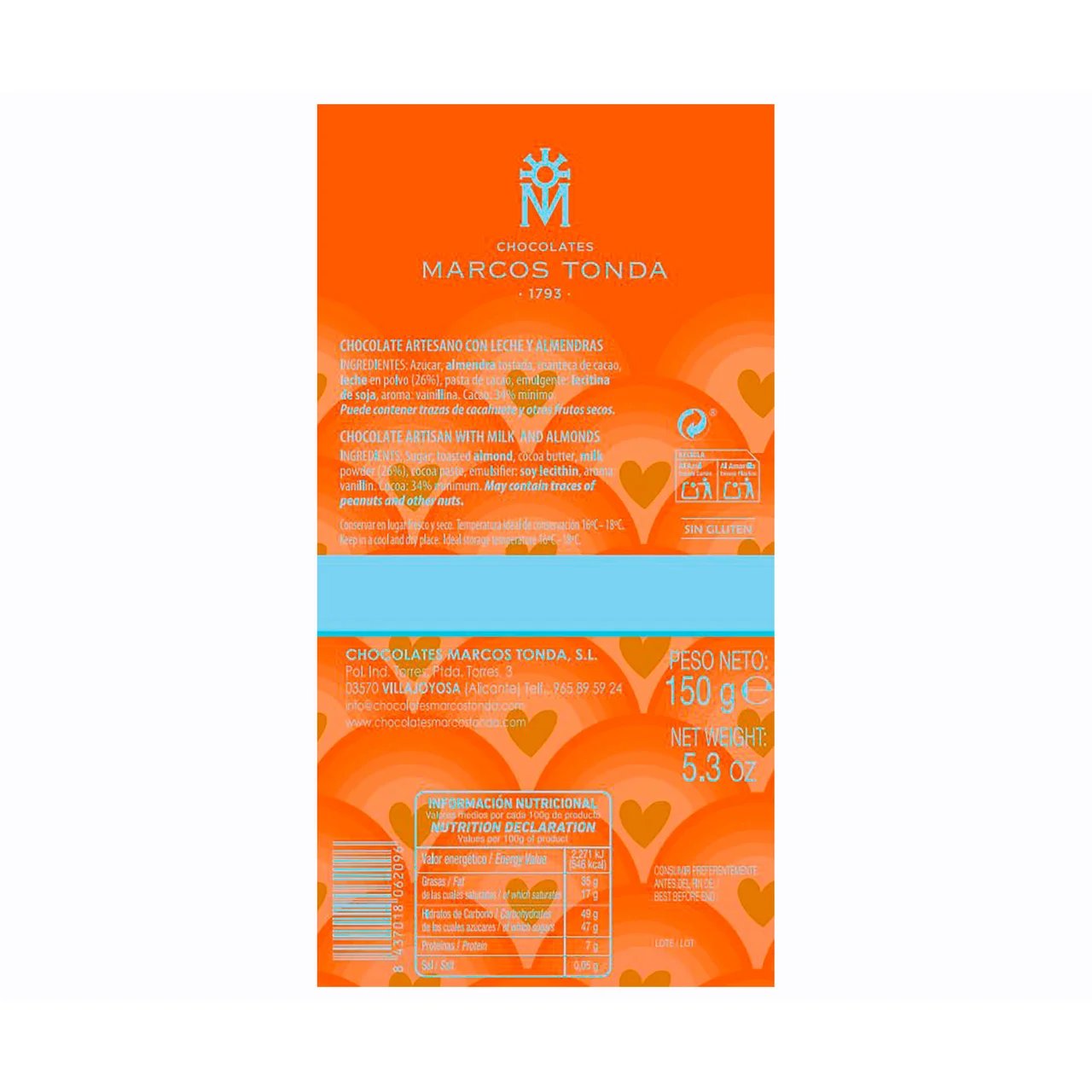 Tableta chocolate con leche y almendras 150 g.