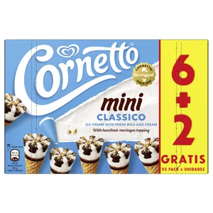 CORNETTO Mini cono de helado de nata, con trocitos de avellana y topping de salsa de chocolate 6 x 60 ml.