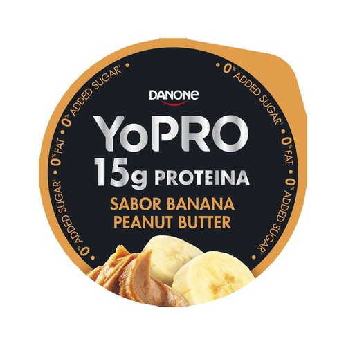 YOPRO Leche fermentada con sabor a plátano y mantequilla de cacahuete, proteínas y sin azúcares añadidos ni grasa de Danone 2 x 160 g.