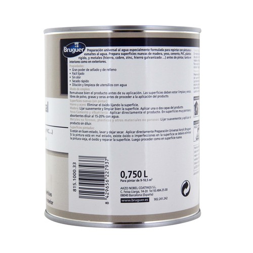 Bote de 0.75 litros de imprimación selladora acrílica universal de color blanco BRUGUER.