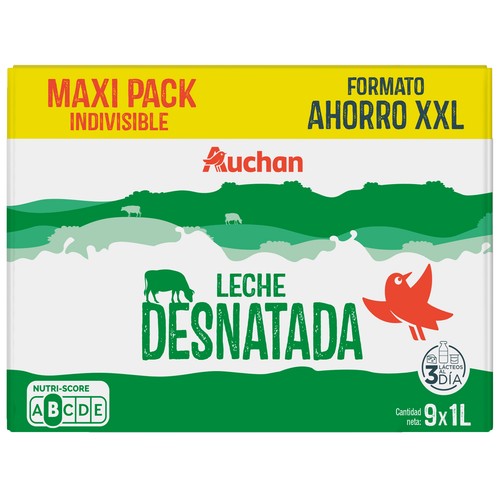 AUCHAN Leche de vaca desnatada, Maxi Pack Ahorro XXL 9 x 1 l Producto Alcampo.