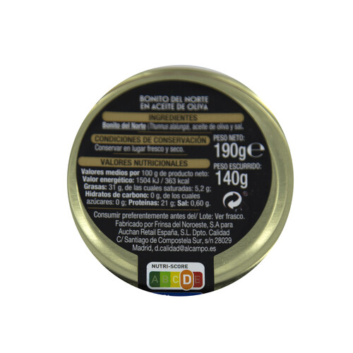 ALCAMPO GOURMET Bonito del Norte, en aceite de oliva MSC (Pesca sostenible certificada) ALCAMPO GOURMET 140 g.