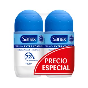 Imagen de SANEX Dermo+ extra control Desodorante roll-on unisex, antitranspirante hasta 72 horas 2 x 50 ml.