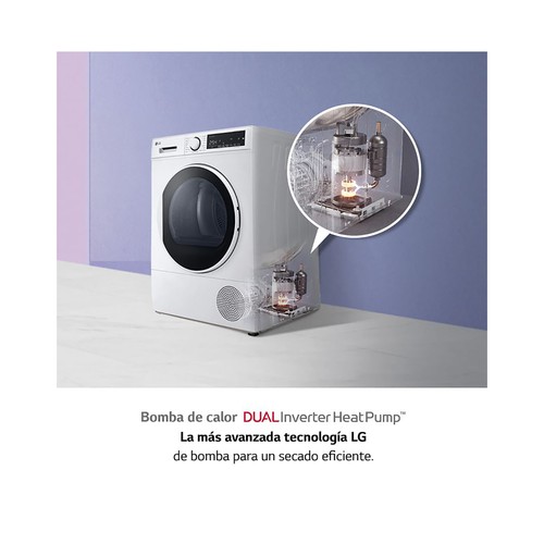 Secadora por condensación con bomba de calor LG RH80T2AP6RM, capacidad de secado: 8KG, clasificación energética: A++, H: 85cm, A: 60cm, F: 61cm.
