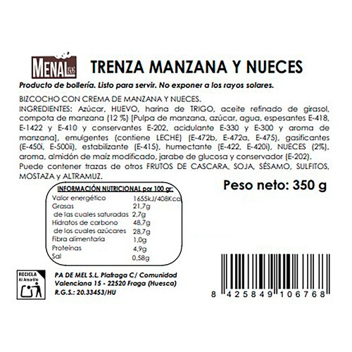 Trenza con crema de manzana y nueces 350 g. 