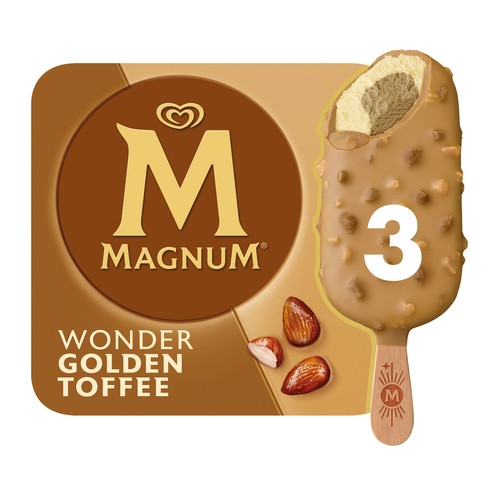 MAGNUM Wonder Bombón helado de nata con interior de datiles y caramelo, recubierto de chocolate blanco con caramelo 3 x 90 ml.