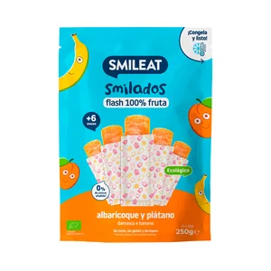 SMILEAT Flash 100% de fruta ecológica (albaricoque y plátano), sin azúcares añadidos, a partir de 6 meses 5 x 50 g.