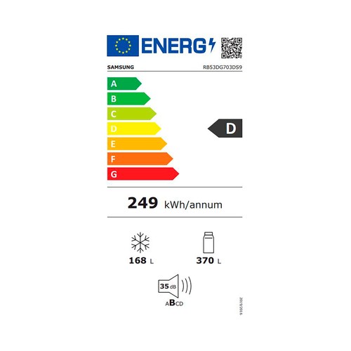 Frigorífico combi 203cm SAMSUNG RB53DG703DS9EF Inox, NO FROST, clasificación energética: E, H: 203cm, A: 76cm, F: 71,1cm, capacidad total: 538L.