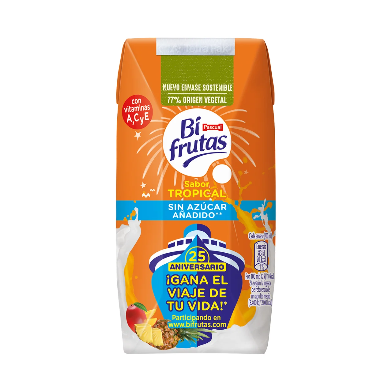 Leche con zumo de frutas tropicales sin azúcares añadidos y con vitaminas A, C y E 6 x 200 ml.
