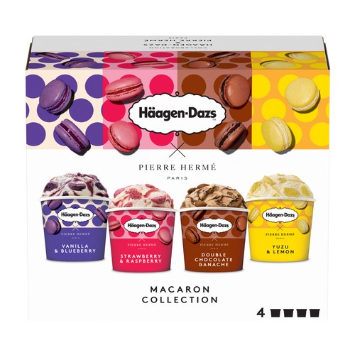 HÄAGEN-DAZS Pierre hermé Mini tarrinas de helado de diferentes sabores con trocitos de macarons 4 x 95 ml.