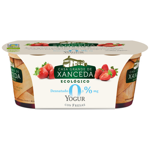Yogur ecológico desnatado con fresas CASA GRANDE DE XANCEDA pack de 2 uds. de 125 g.