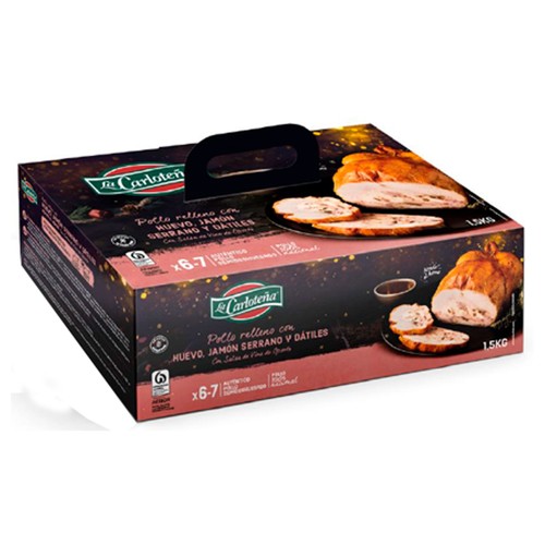 LA CARLOTEÑA Pollo semideshuesado y asado al horno, relleno de huevo, jamón serrano y dátiles LA CARLOTEÑA 1,5 kg.