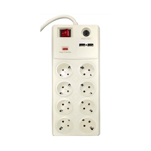 Base múltiple de 8 enchufes + 2 Usb, longitud cable 1,4m, interruptor, EUROBRIC 2000.