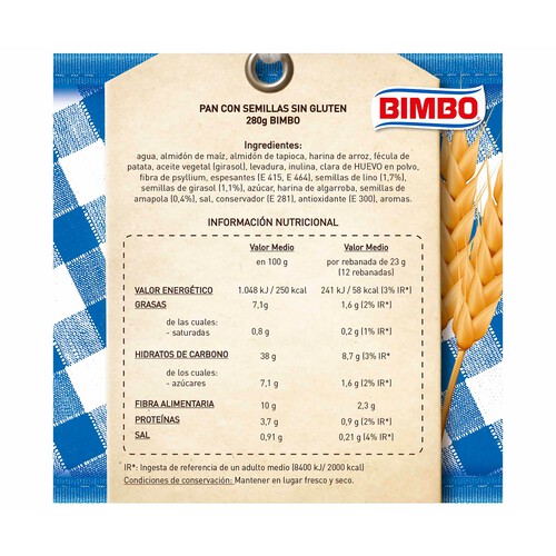 BIMBO Pan de molde con semillas sin gluten, BIMBO 280 g.